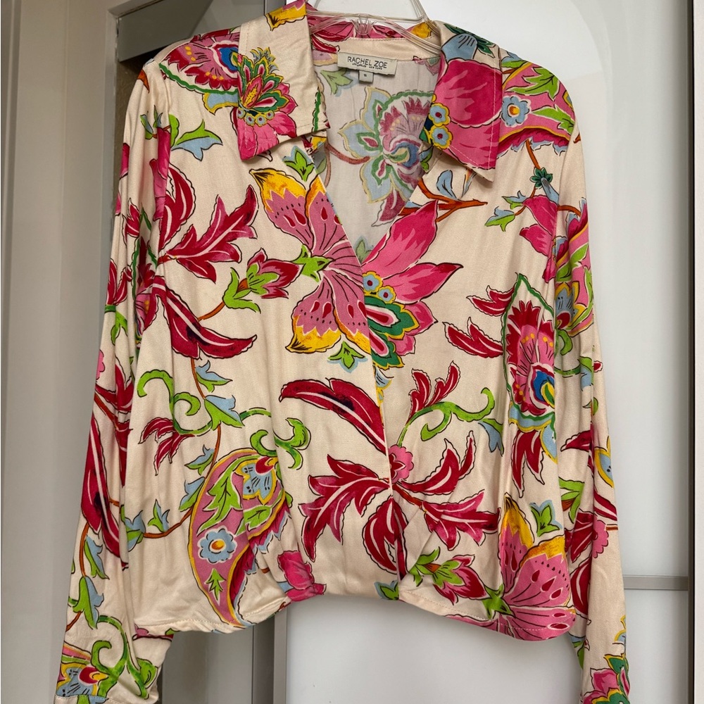Rachel Zoe Cream Long Sleeve Graphic Blouse